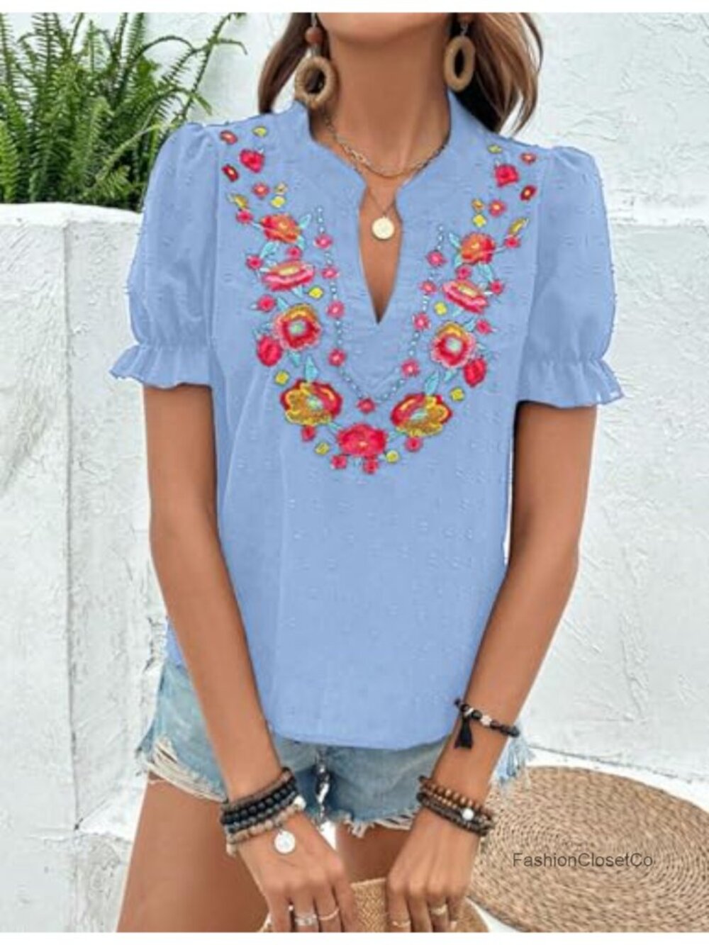 Women's Boho Floral Embroidered V Neck Puff Sleeve Blouse Peasant Top - Picture 2 of 6